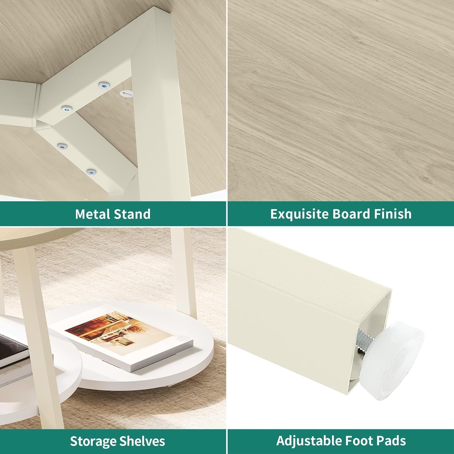 Round Nesting Coffee Table Set 2, Oak White Modern End Side Accent Tables