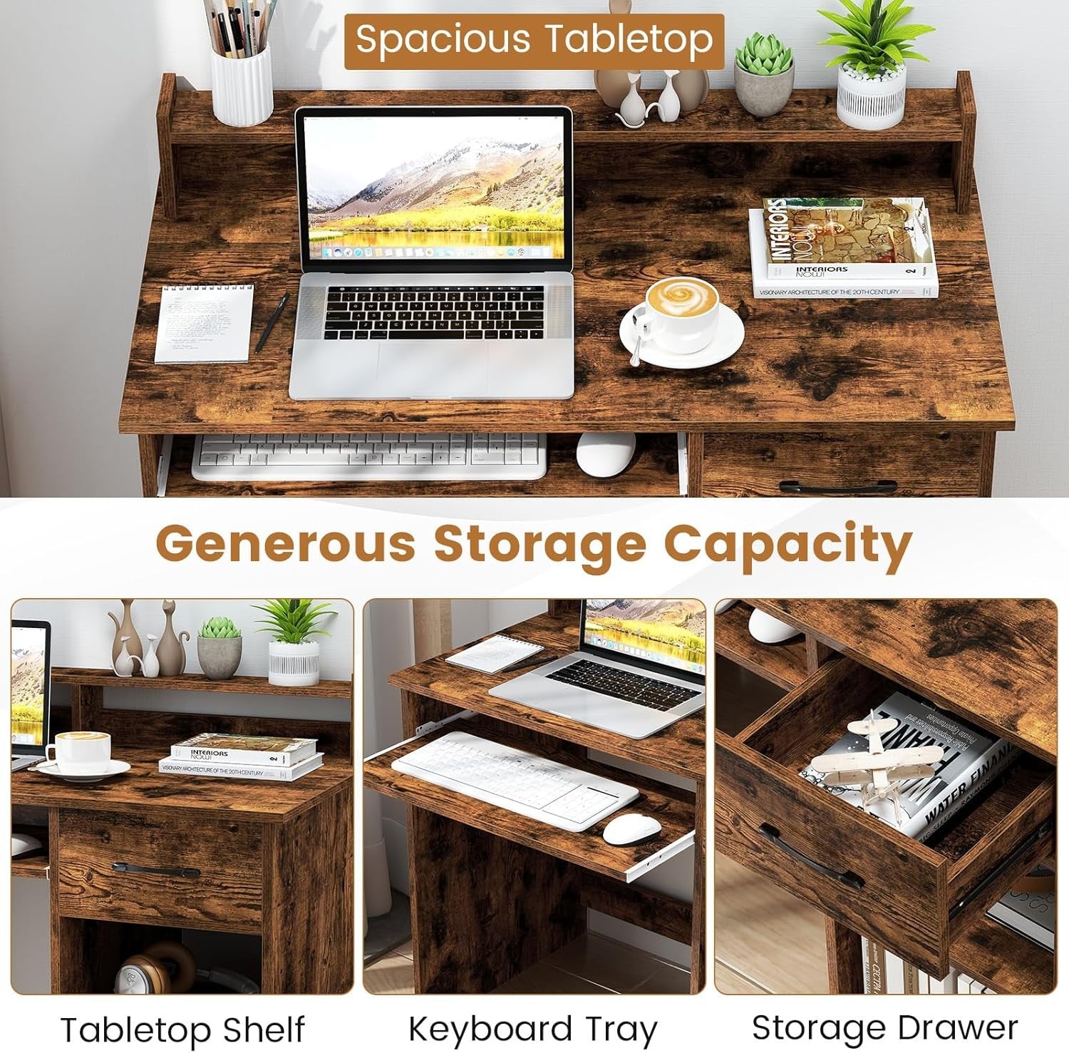 Rustic Brown Computer Desk with Storage Shelves Drawer Keyboard Tray