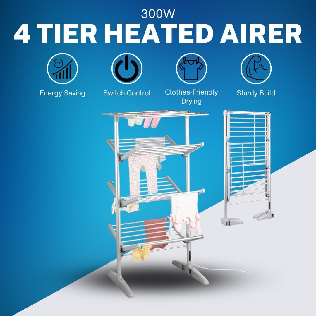 4 Tier Electric Heated Clothes Airer 300W Folding Indoor Drying Rack with Cover