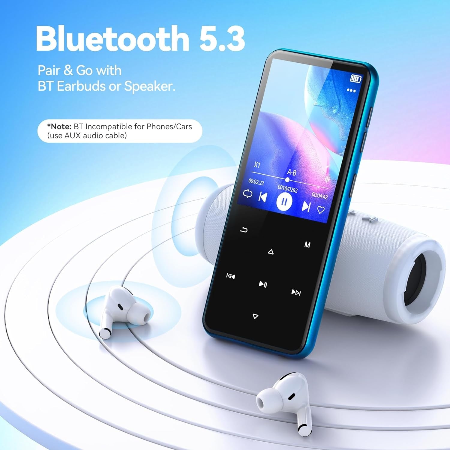 64GB Bluetooth 5.3 MP3 Player 2.4" Touch Screen FM Speaker Blue