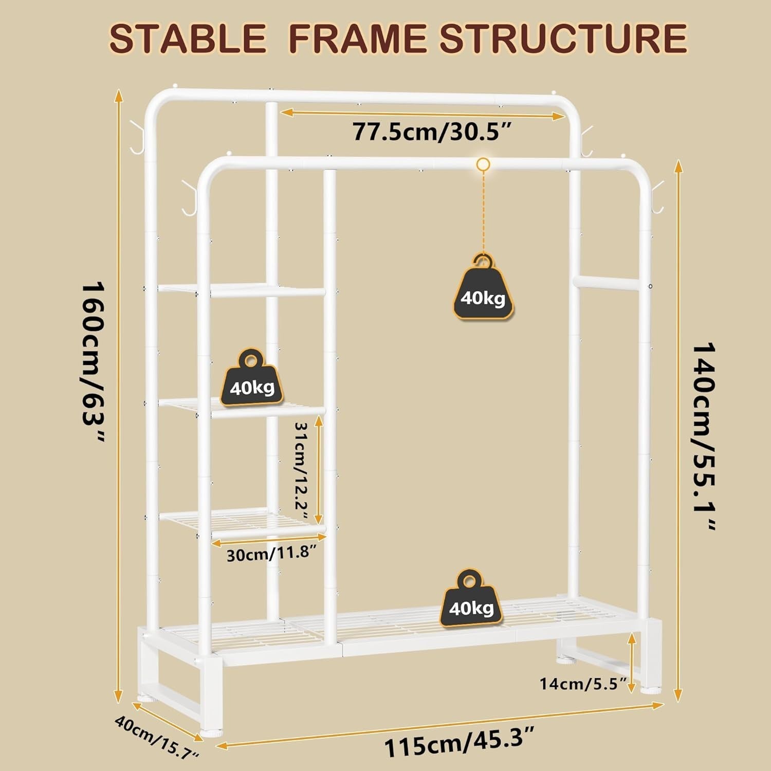 Double Clothes Rail 80KG Rack With Shelves & Hooks White