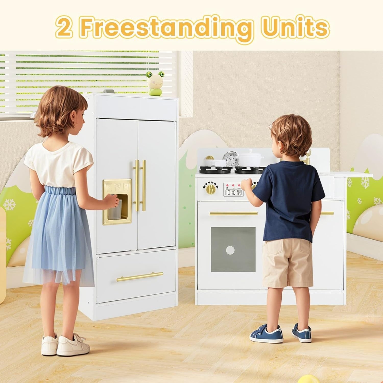 Wooden Kids Play Kitchen White w/ Fridge Ice Maker Accessories