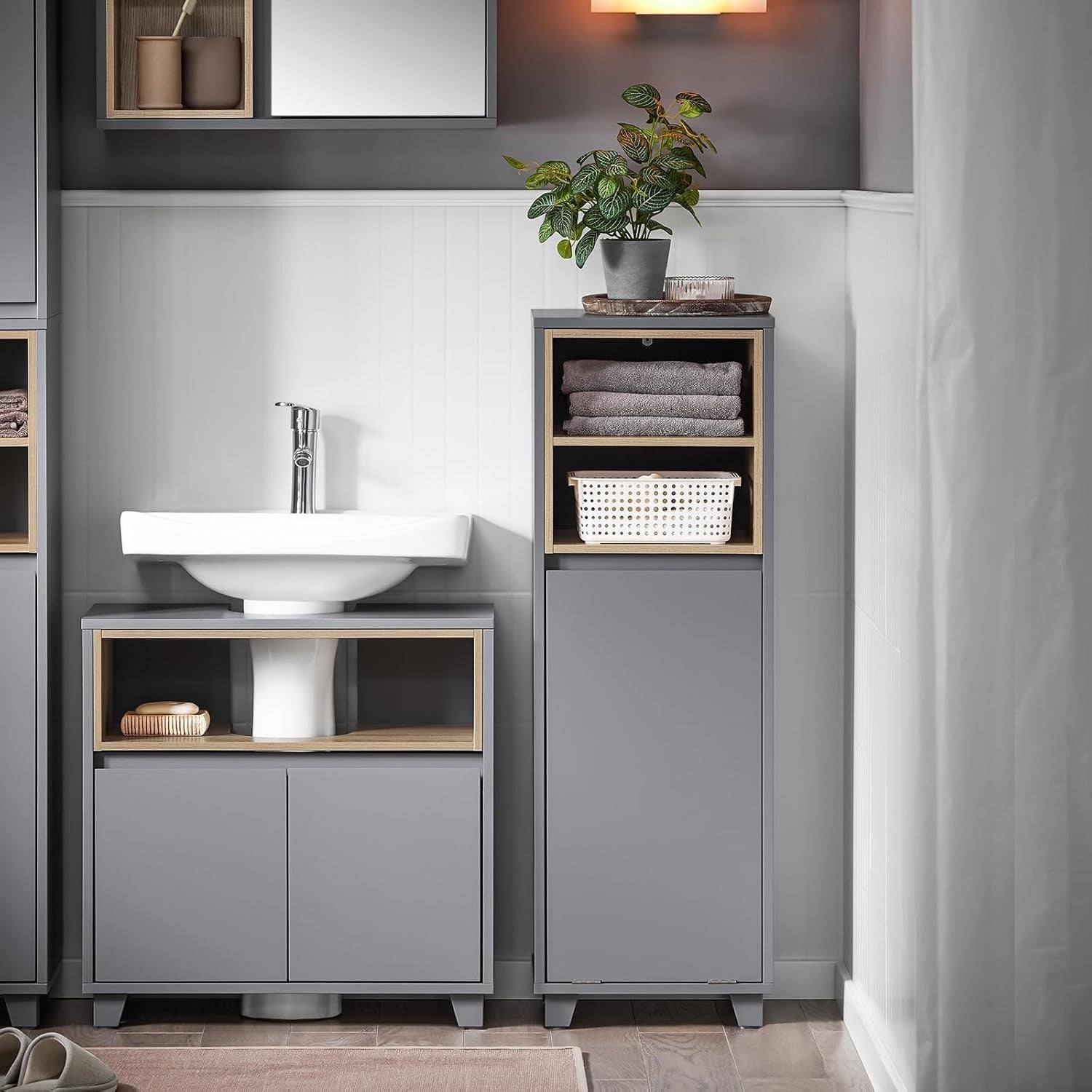 Slim Bathroom Storage Cabinet with Fold-Out Laundry Basket Grey 35×105cm