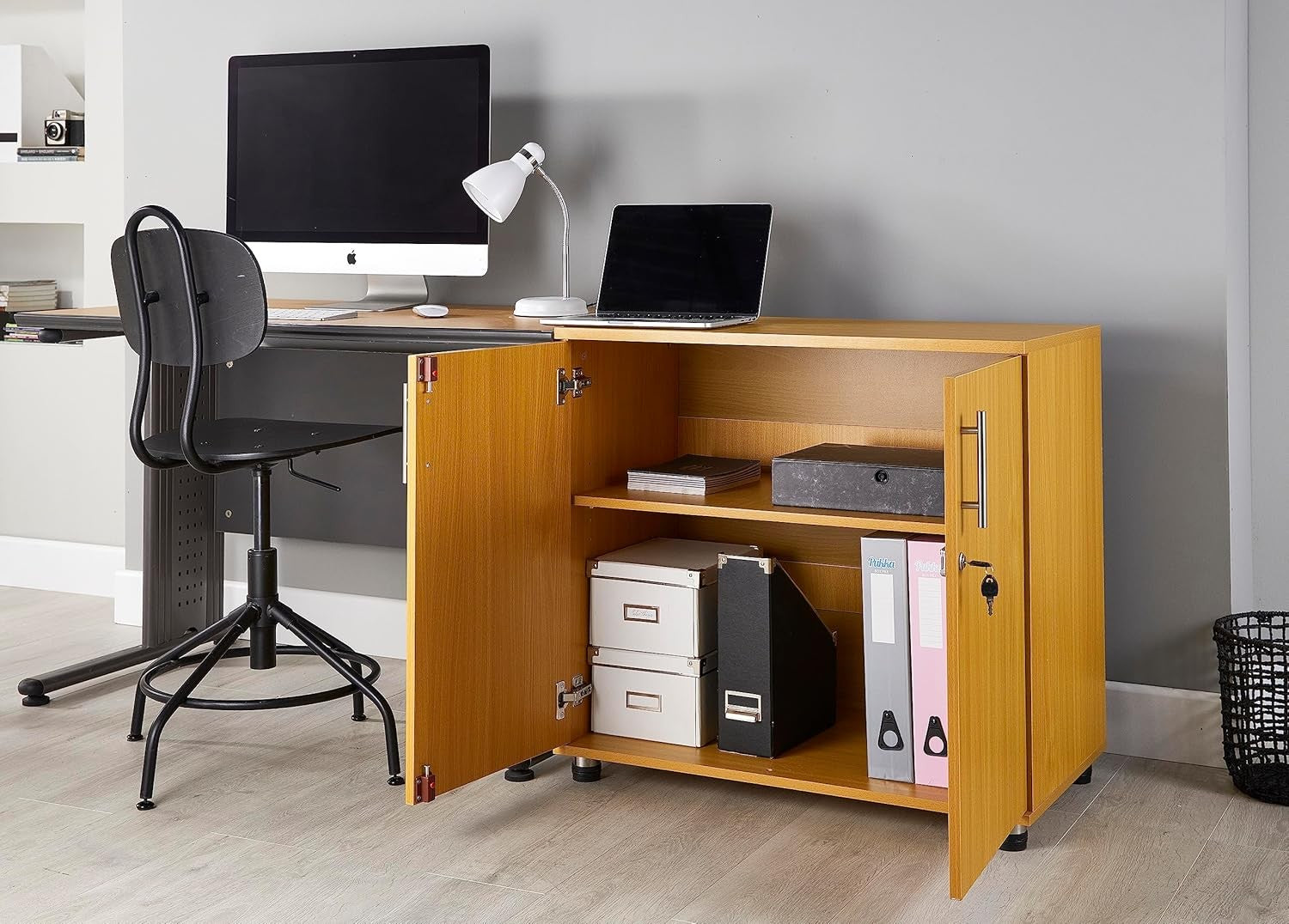 Beech Office Storage Cabinet 2 Door Cupboard with Lock & Adjustable Shelf