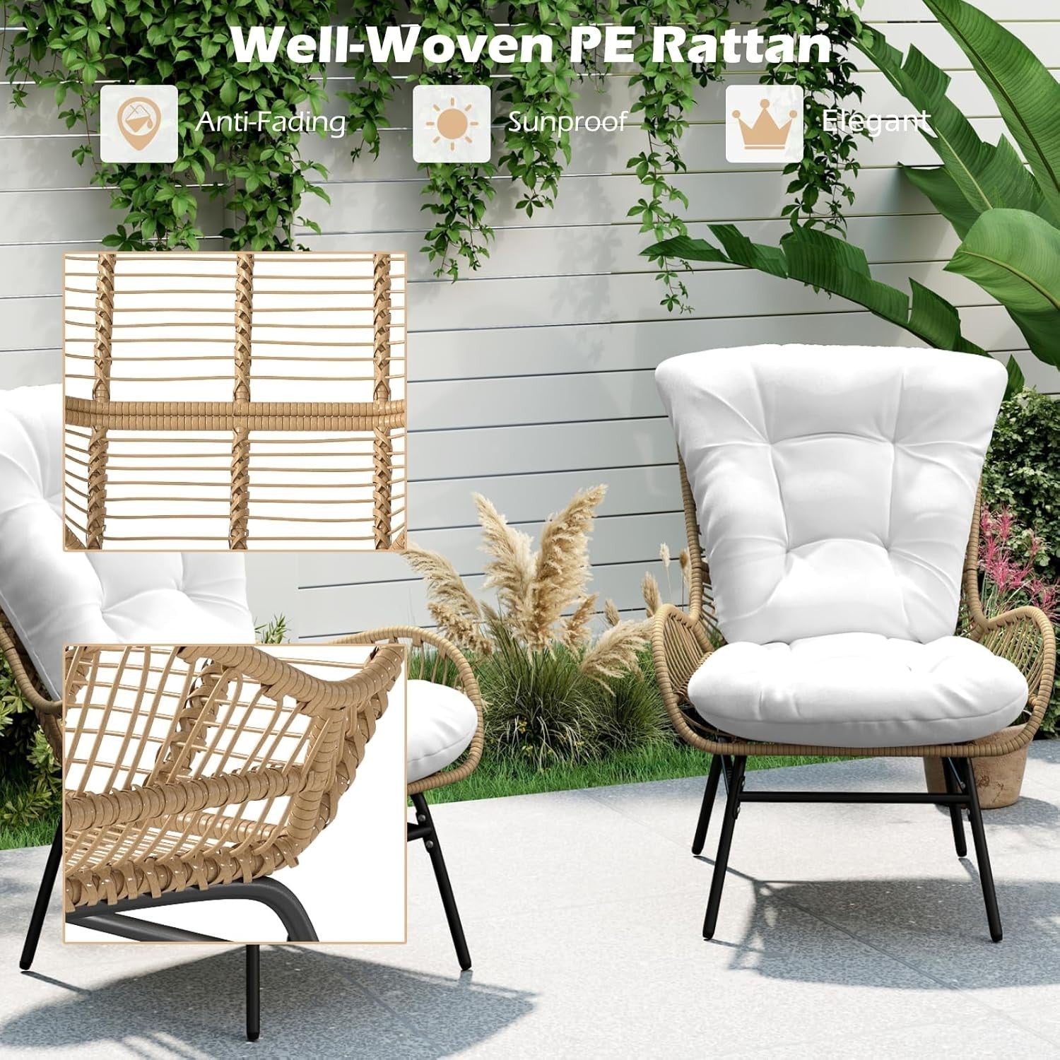 High Back Rattan Patio Armchair Cushioned Outdoor Garden Lounge Chair
