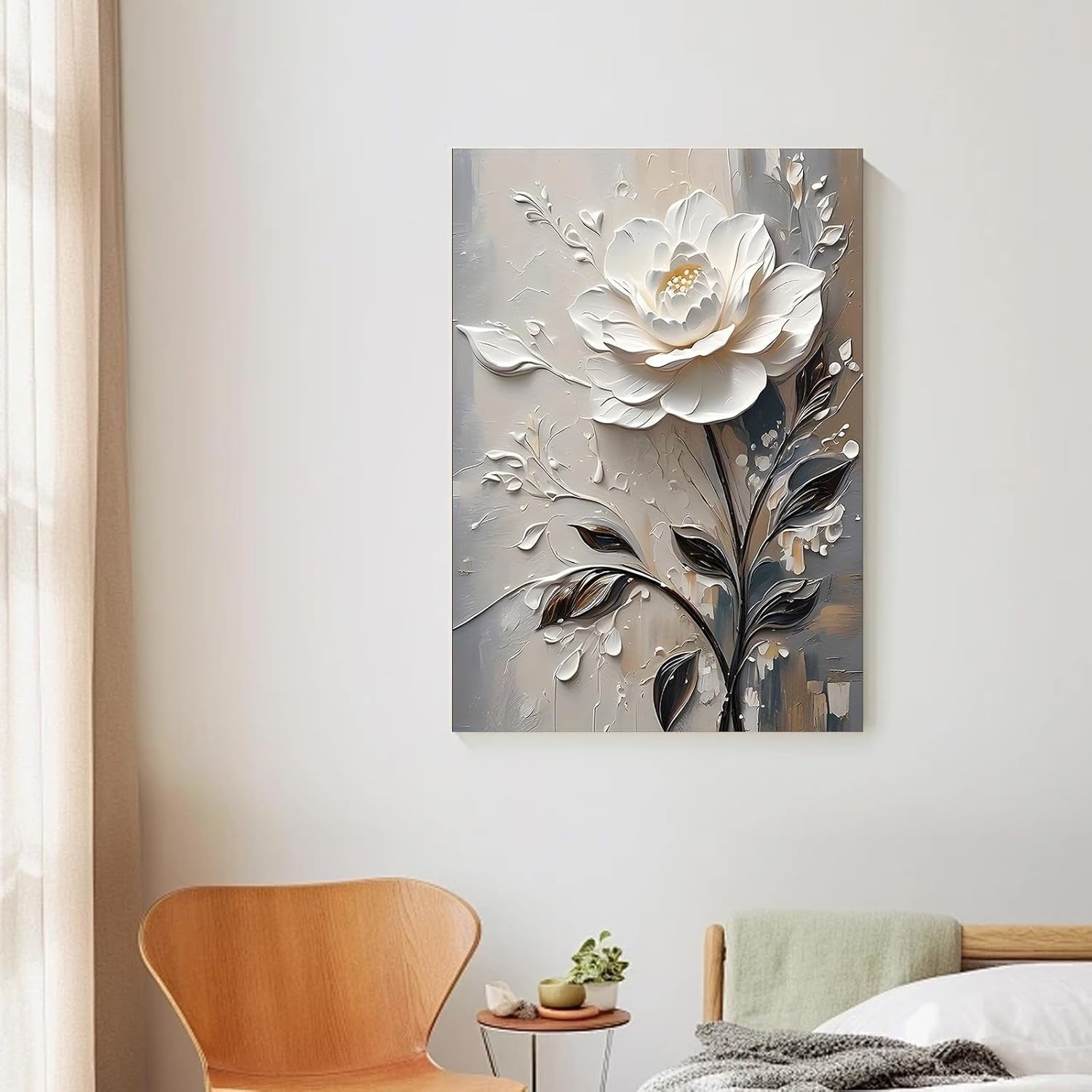 3D White Floral Canvas Wall Art 12x16 Framed Modern Bedroom Decor