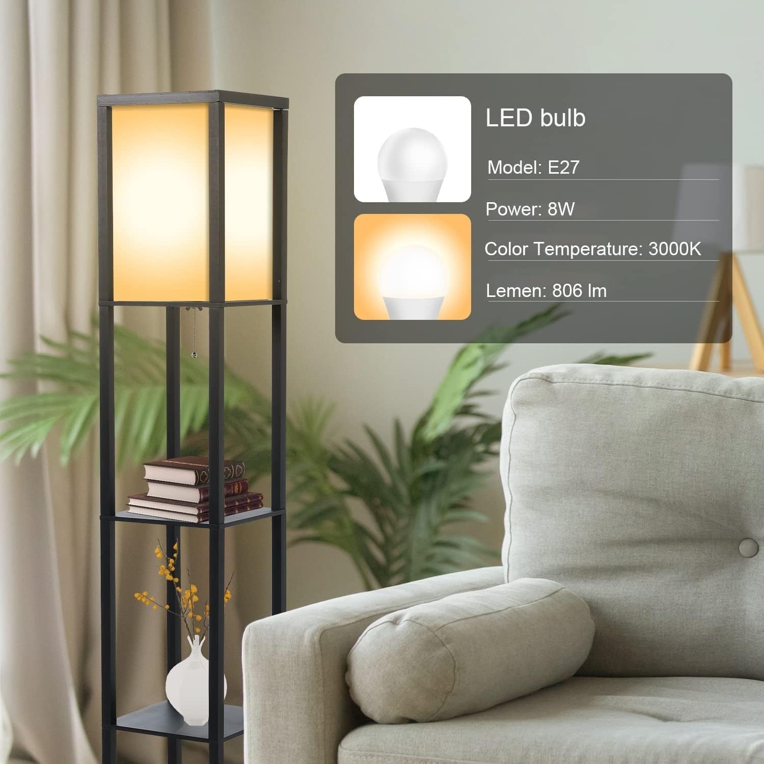 Floor Lamp with Shelves USB Charging Drawer Modern Reading Light Black