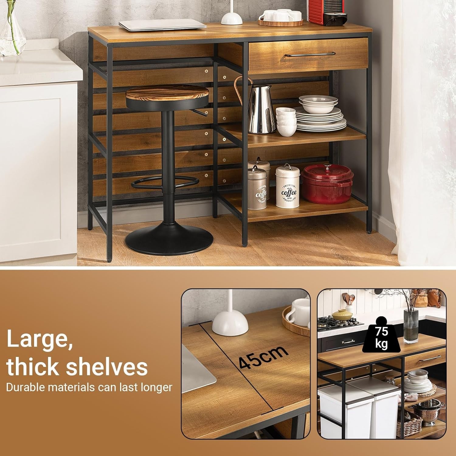 Kitchen Island Trolley on Wheels Worktop Storage Cart Drawer Shelves