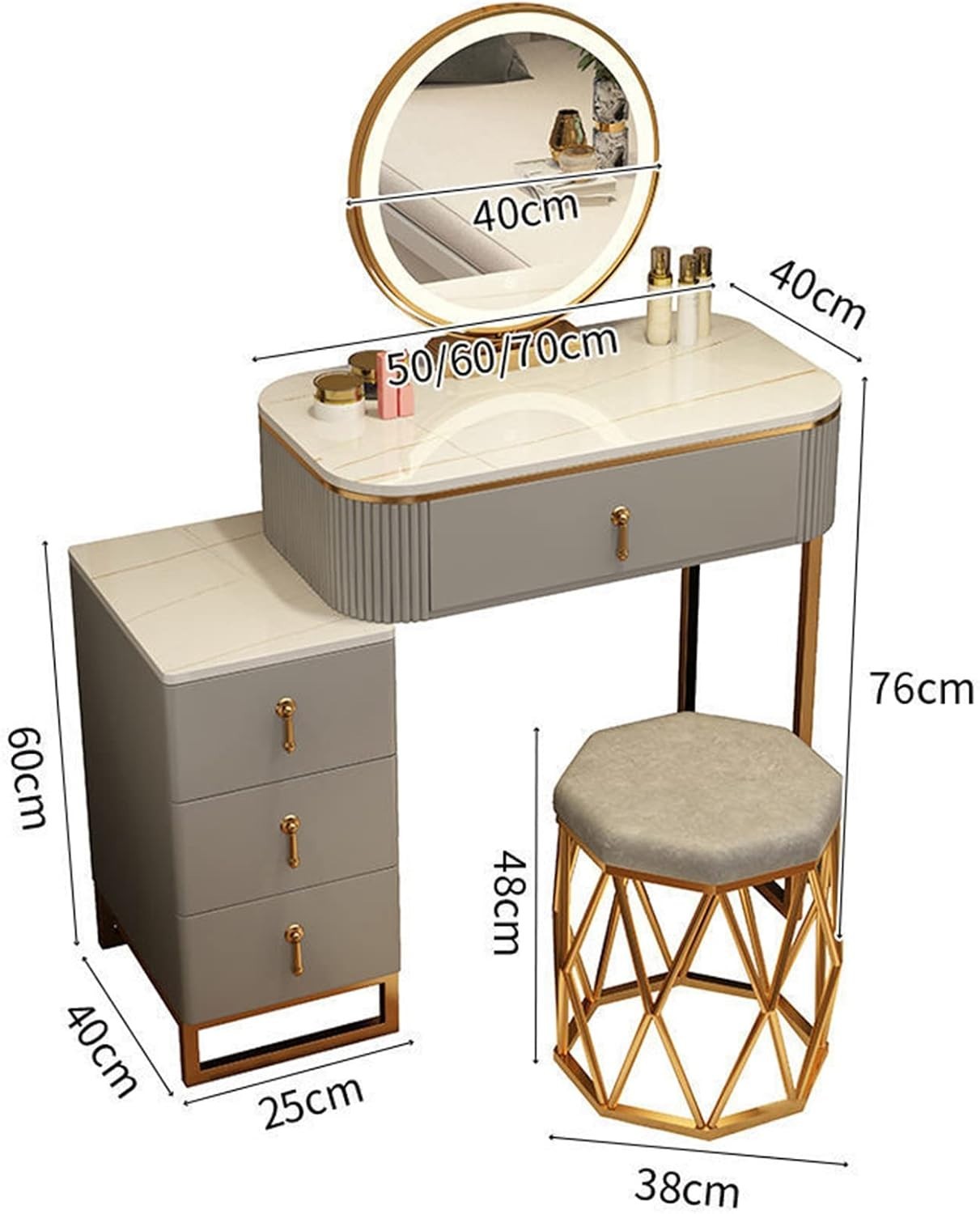 Modern LED Vanity Table Set with Mirror & Stool – Makeup Desk Storage White Grey