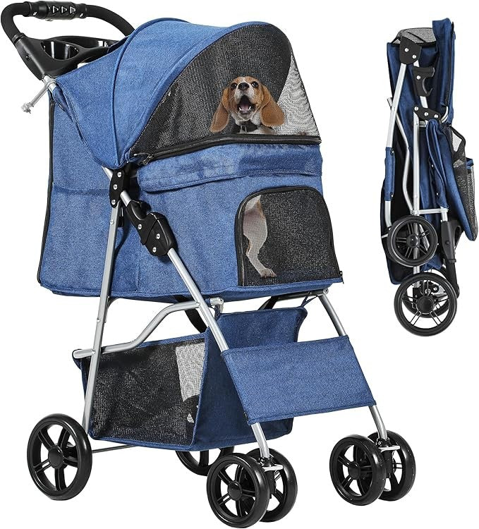 Dog Stroller 4 Wheel Folding Pet Buggy with Storage Basket Travel