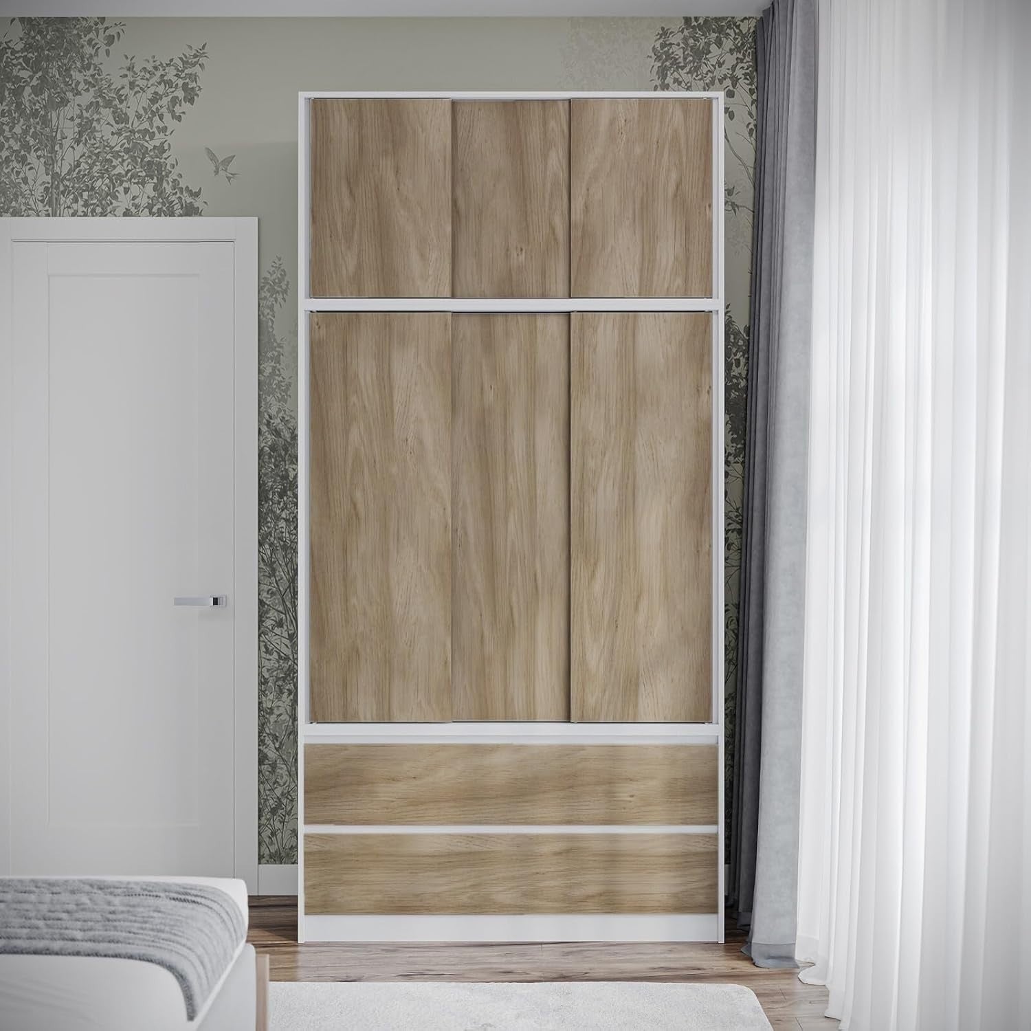 Oak Door Sliding Wardrobe 240cm 6 Doors 4 Drawers Spacious Bedroom Closet