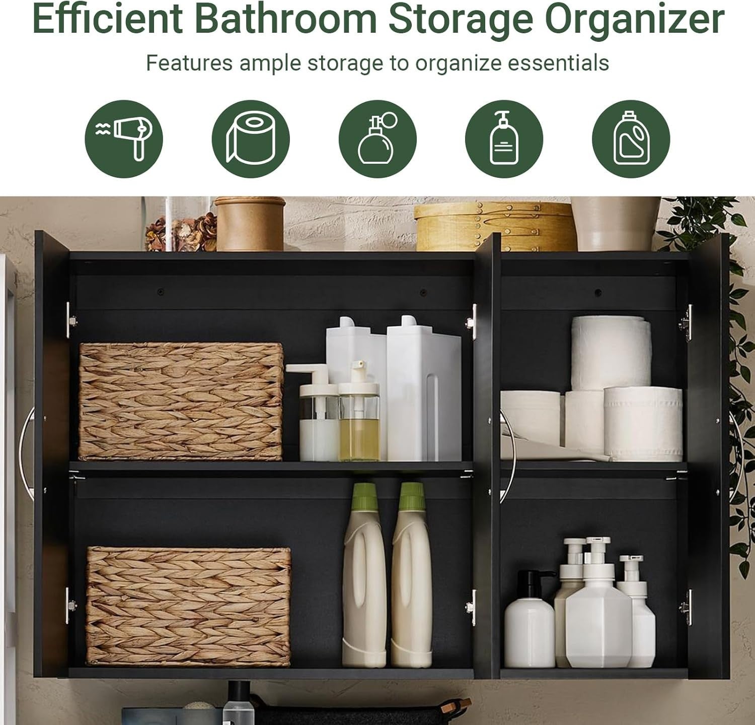 Wall Mounted Bathroom Cabinet with 3 Doors, Adjustable Shelves, Black