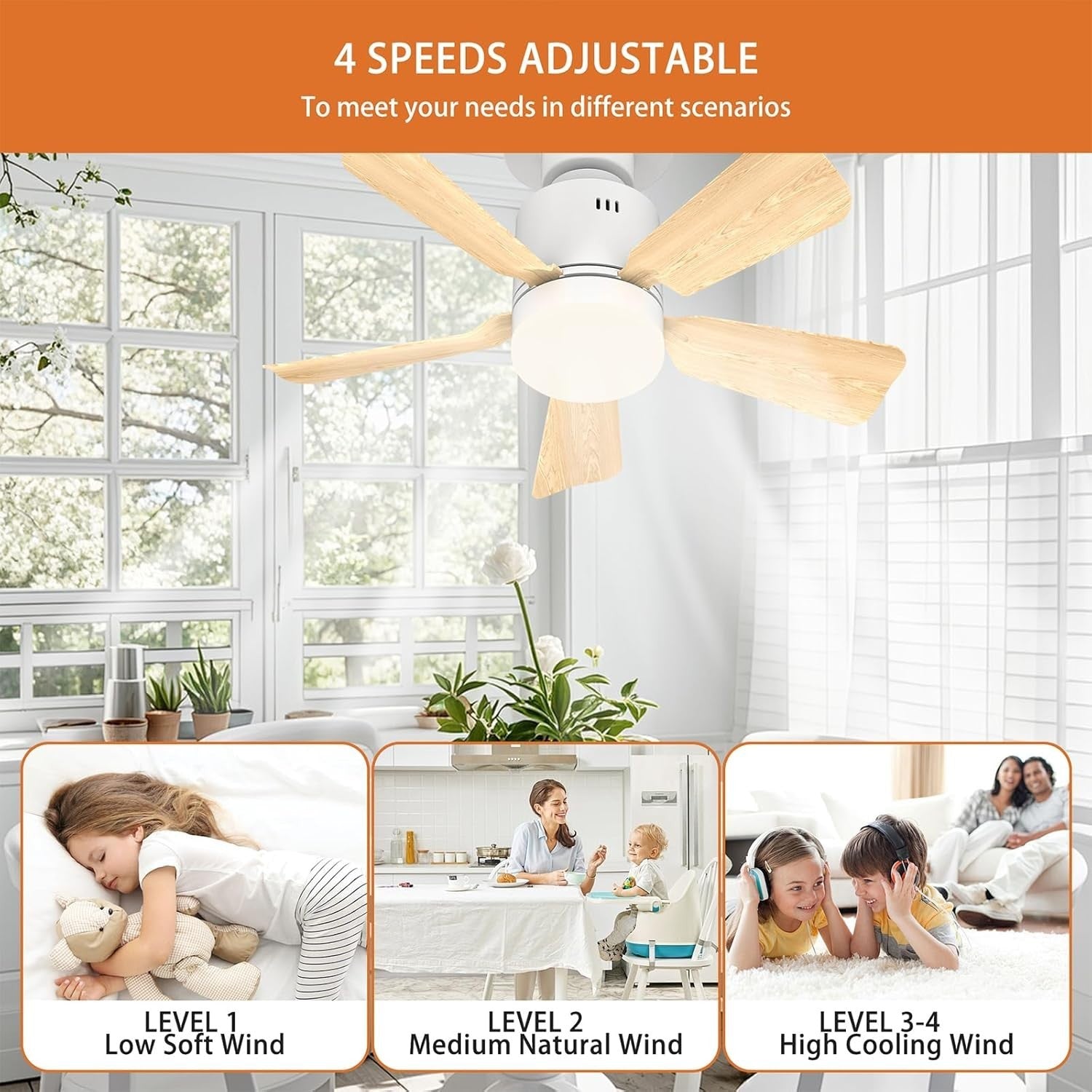 45cm Screw-In Ceiling Fan Light 4 Speeds 3 Colors Wood Grain