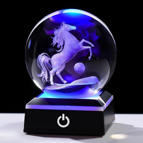 3D Crystal Horse Ball LED Light 8cm K9 Glass Ornament Gift Home Decor