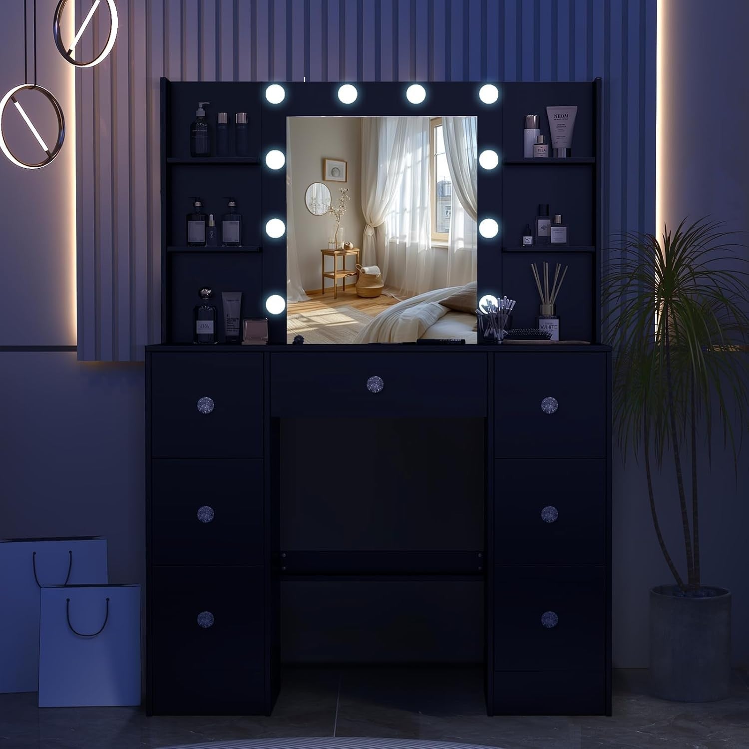 Makeup Vanity Table Set w/ 3-Color LED Lights, 12 Storage Spaces & Padded Stool
