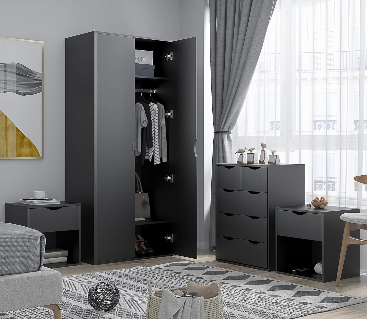 4pc Bedroom Furniture Set Wardrobe Chest Bedside Cabinet Black Matt on Black