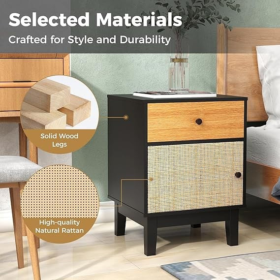 Boho Rattan Bedside Table with Drawer & Door, Modern Storage Nightstand