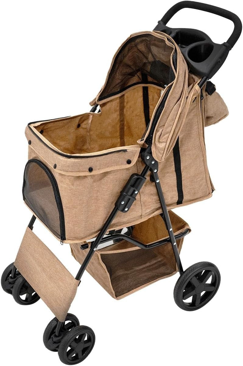 Beige Pet Stroller Pushchair with Navy Caddy Bag Foldable 15kg Travel