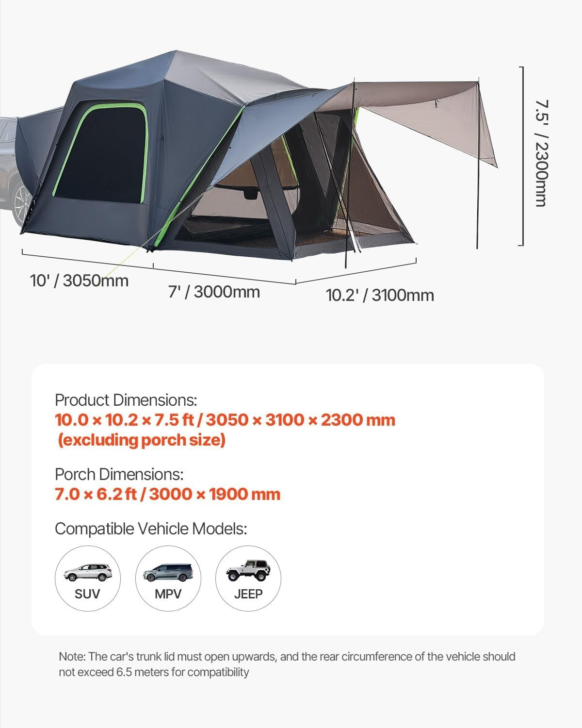 SUV Camping Tent Waterproof 10x10ft Car Tailgate Awning