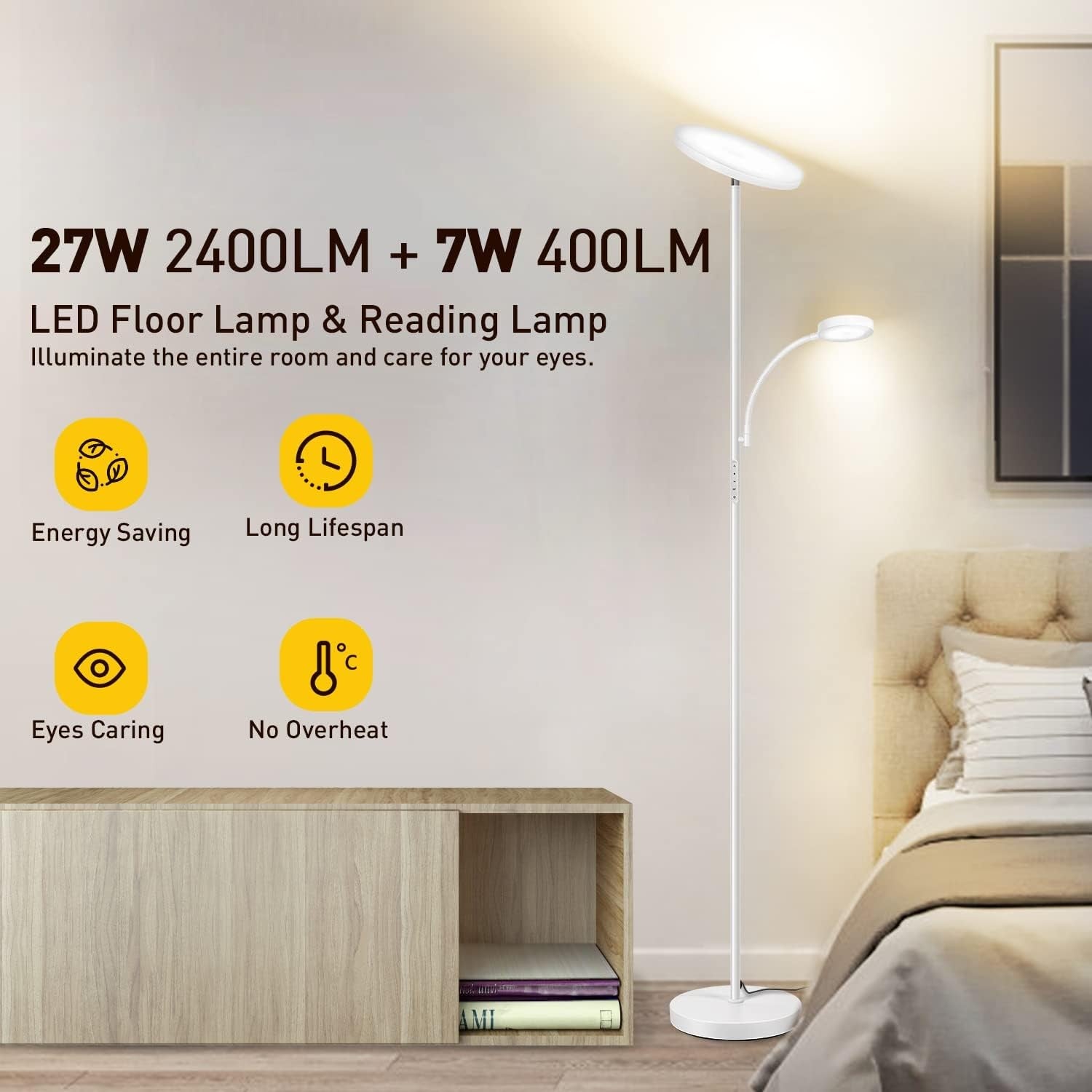 LED Floor Lamp with Reading Light Dimmable Remote Touch Uplighter White
