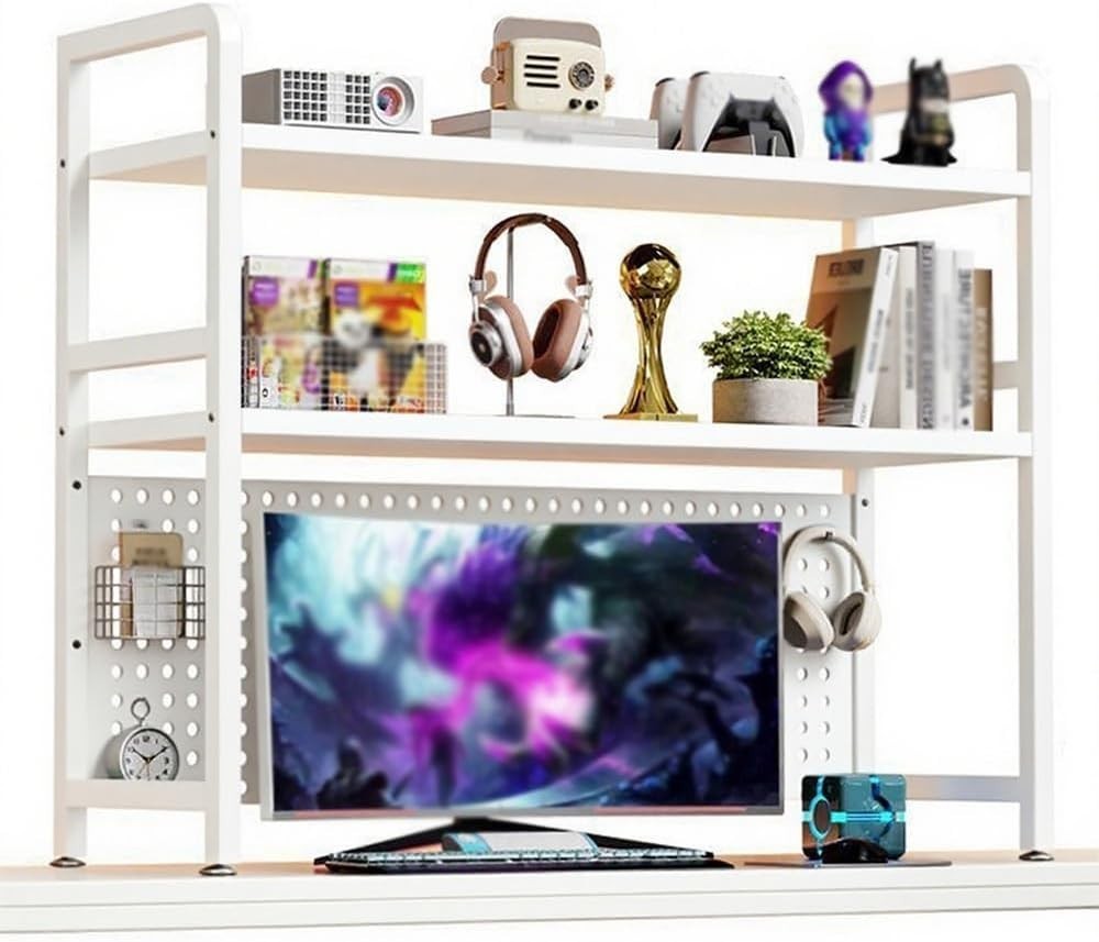 White 2-Tier Desk Organizer Shelf w/ Pegboard | Metal Desktop Rack 55x20x98cm
