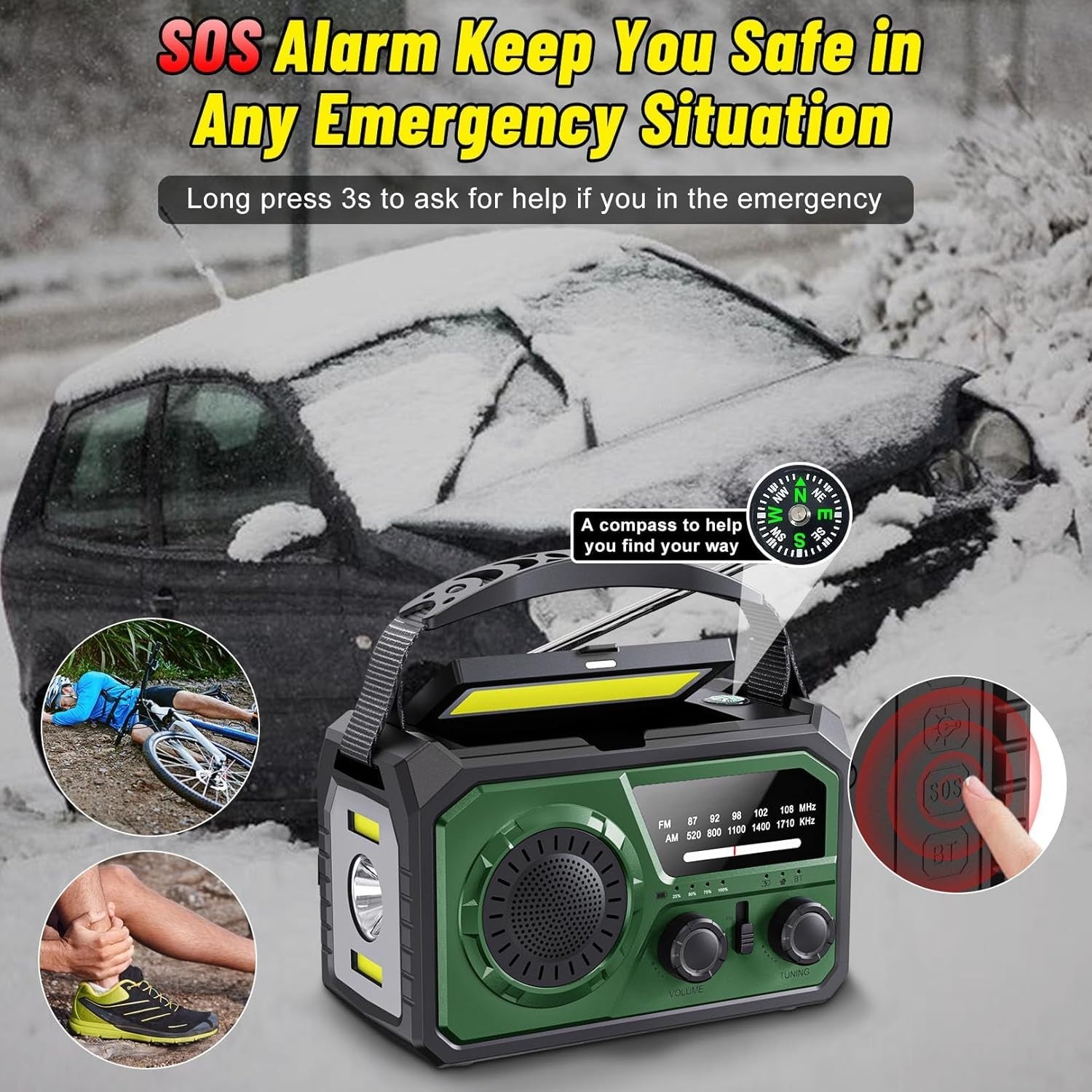 Emergency Wind Up Solar Radio 27000mAh Power Bank AM/FM Torch Army Green