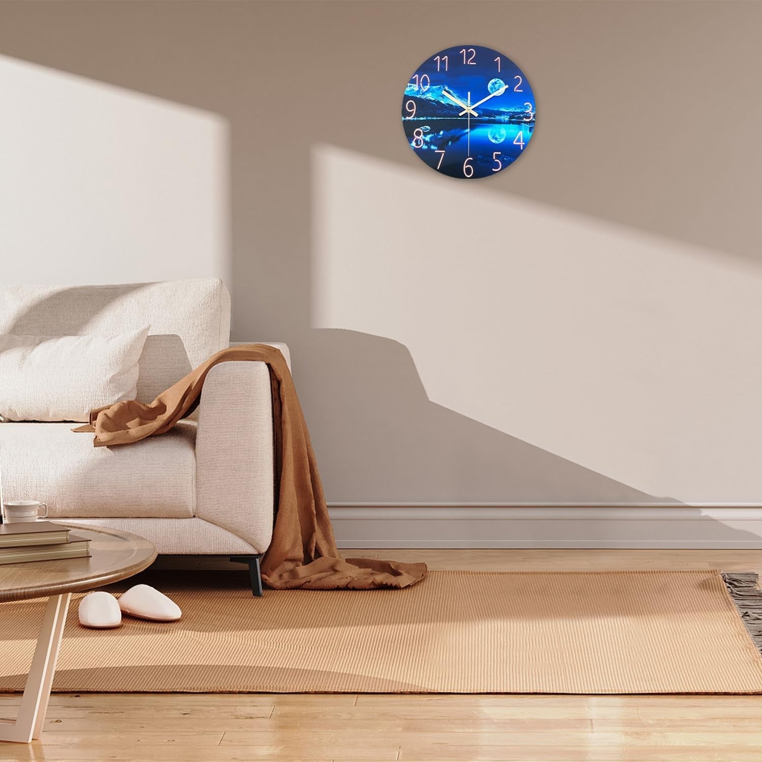 Large 16" Blue Moon Glass Wall Clock Silent Non-Ticking Modern Home Decor