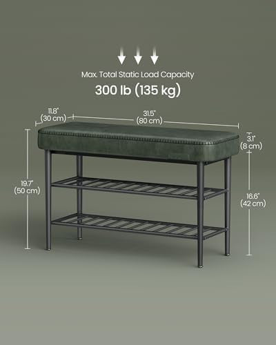 Mid Century Shoe Bench 3 Tier Storage Seat Faux Leather 135kg Load 80cm Green