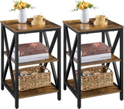 Set of 2 Rustic Brown 3-Tier Side Tables with Storage, Sturdy X-Frame
