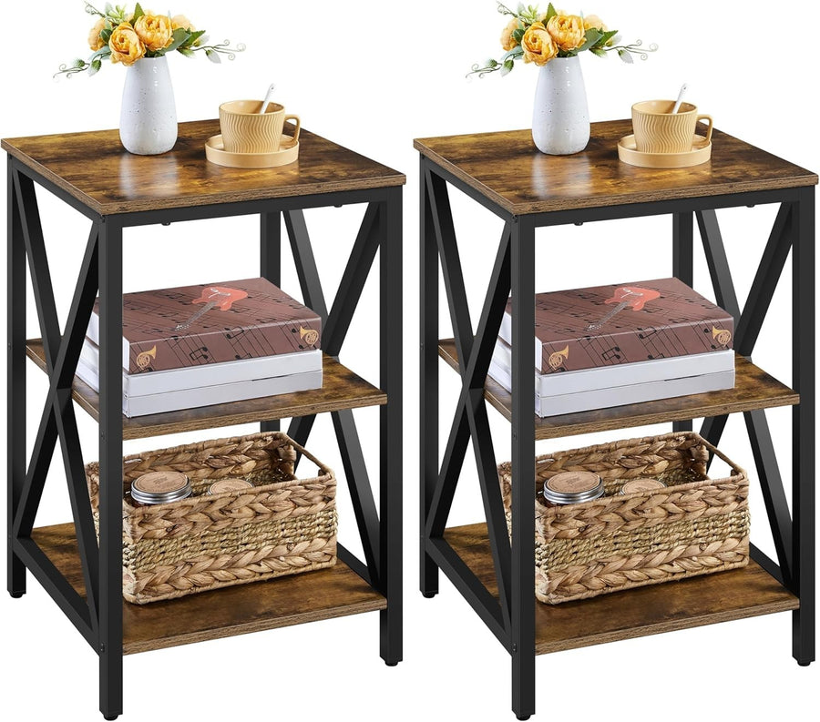 Set of 2 Rustic Brown 3-Tier Side Tables with Storage, Sturdy X-Frame