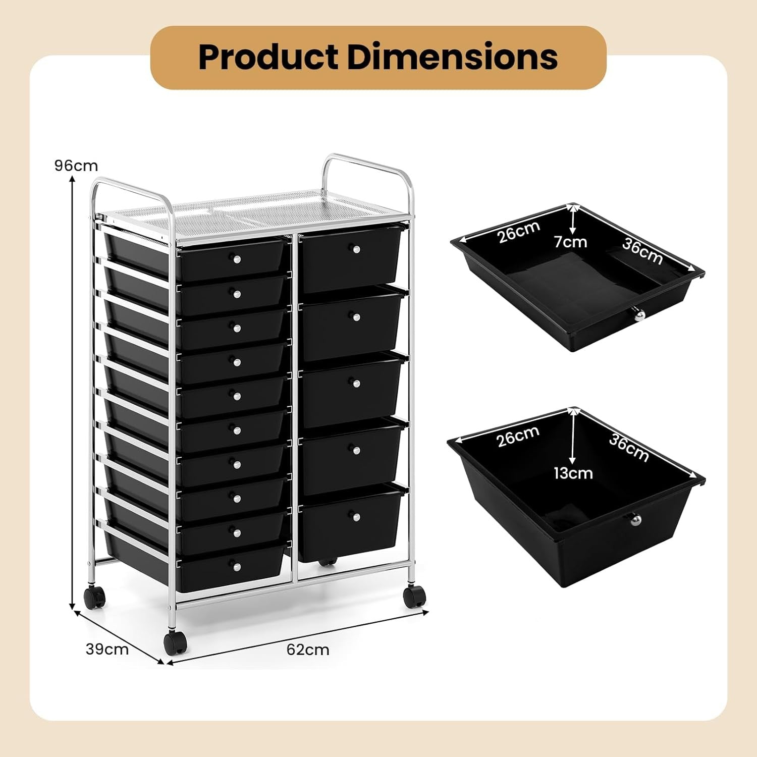 15 Drawer Storage Trolley Mobile Organizer Rolling Cart Lockable Wheels Black