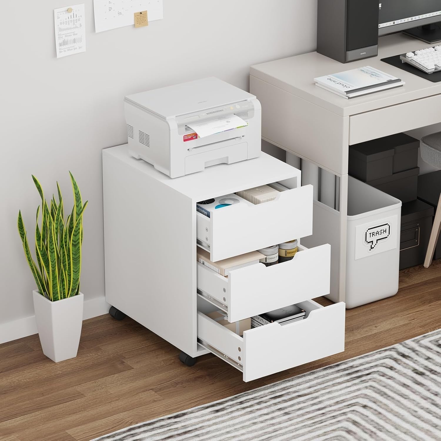 White Rolling Desk Pedestal 3 Drawer Under Desk Printer Storage
