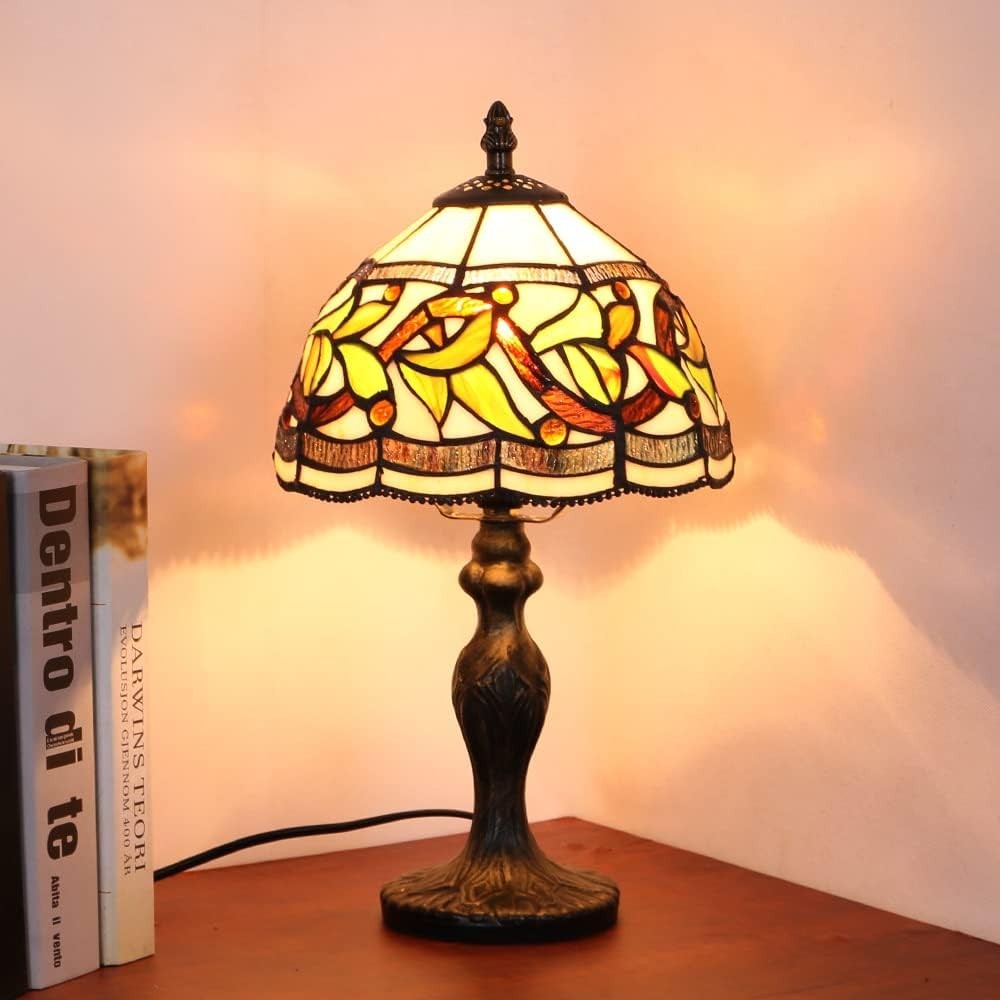 Vintage Stained Glass Table Lamp with Leaf Flower Shade Warm Light