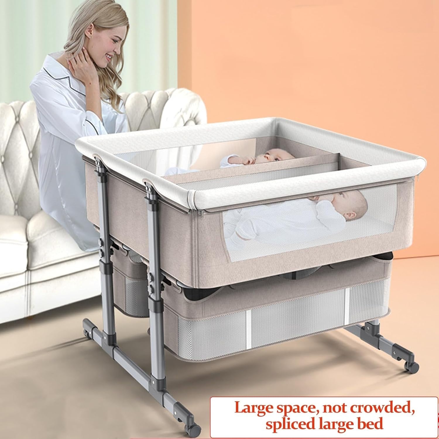 Twin Baby Crib Bassinet Adjustable Bedside Cot with Storage & Mattress Brown