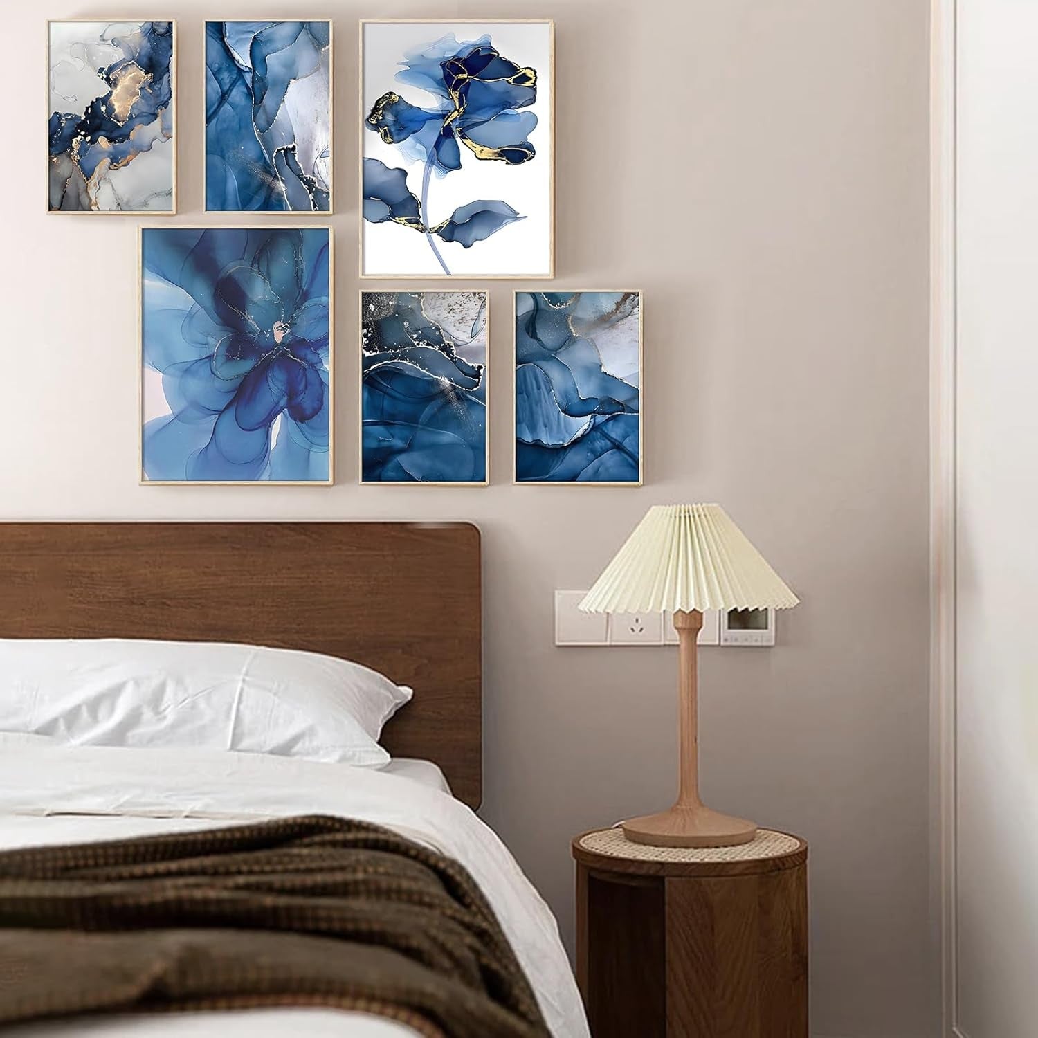 Blue Gold Floral Canvas Wall Art Set 6Pcs Framed 12x16in