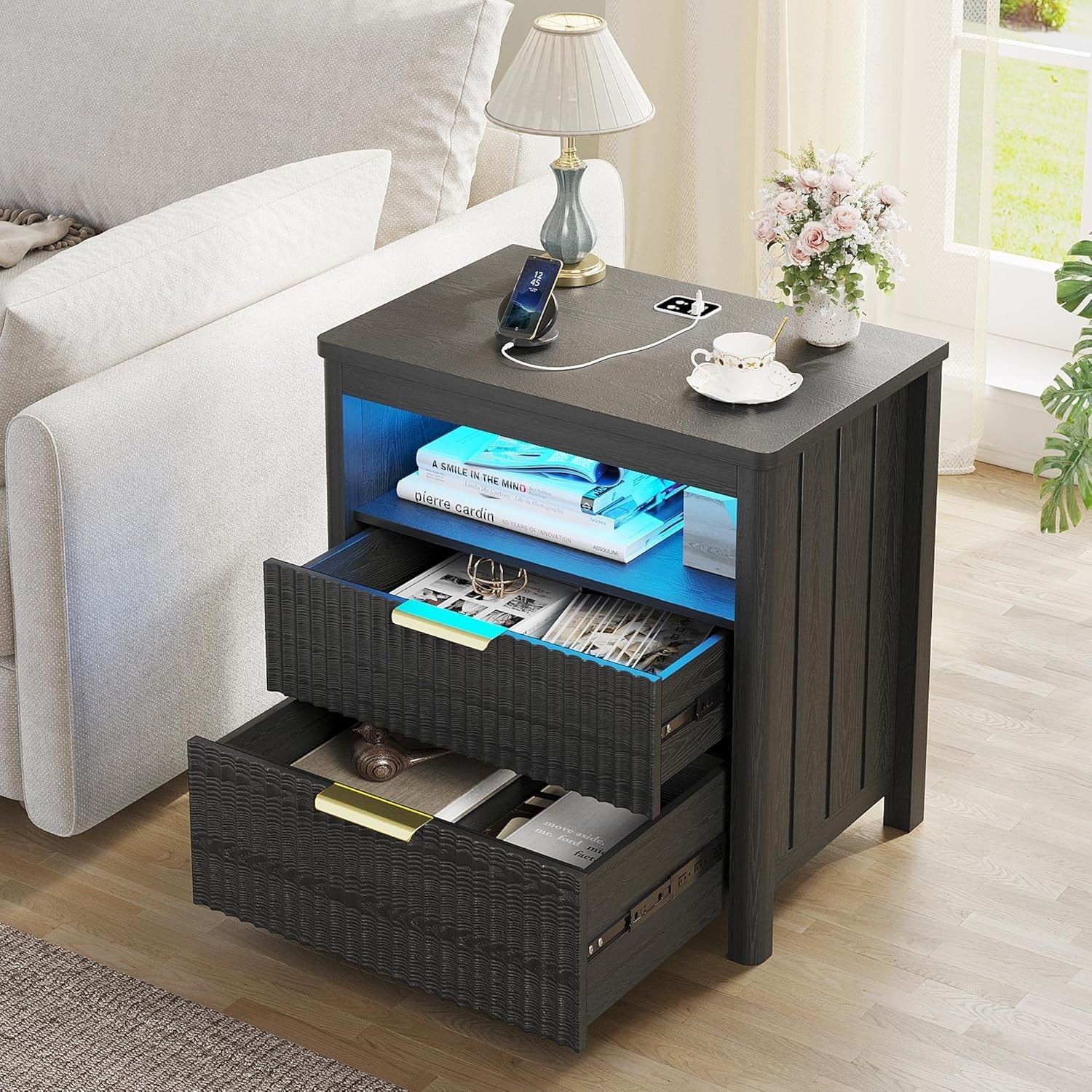 24" Wide Black Bedside Table with Charging Station, LED Light & 3 Drawers