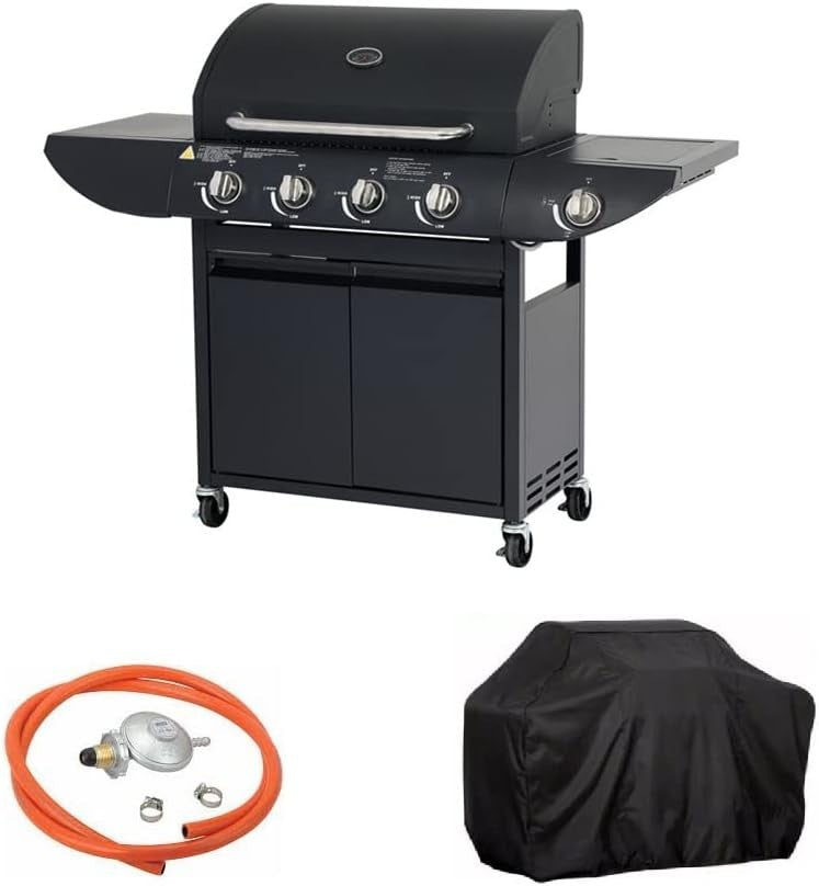 4+1 Burner Gas BBQ Grill with Side Burner, Storage Cabinet, Wheels & Cover