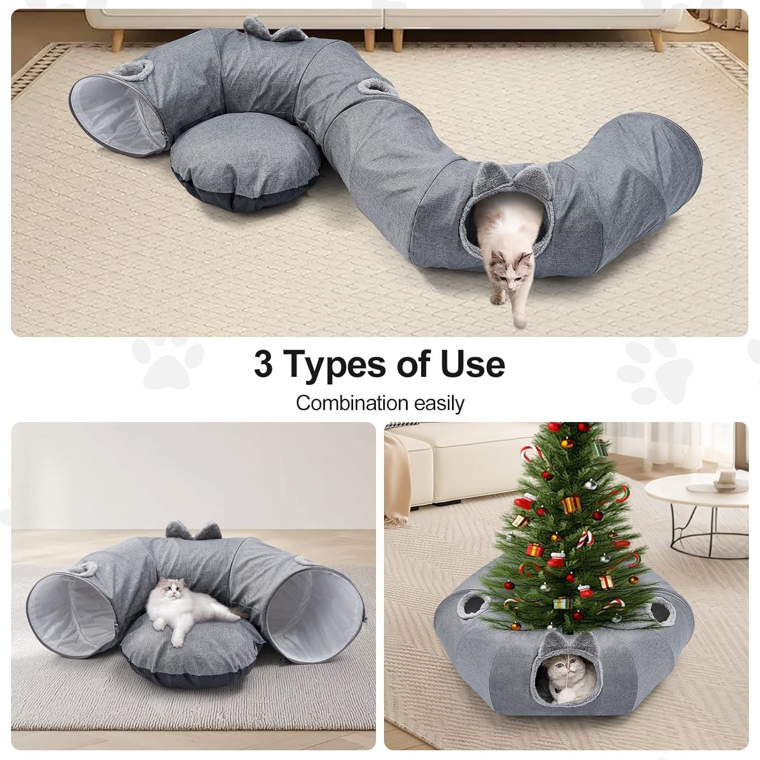 Large Cat Tunnel Bed Foldable Donut Play Tunnel w Washable Cushion