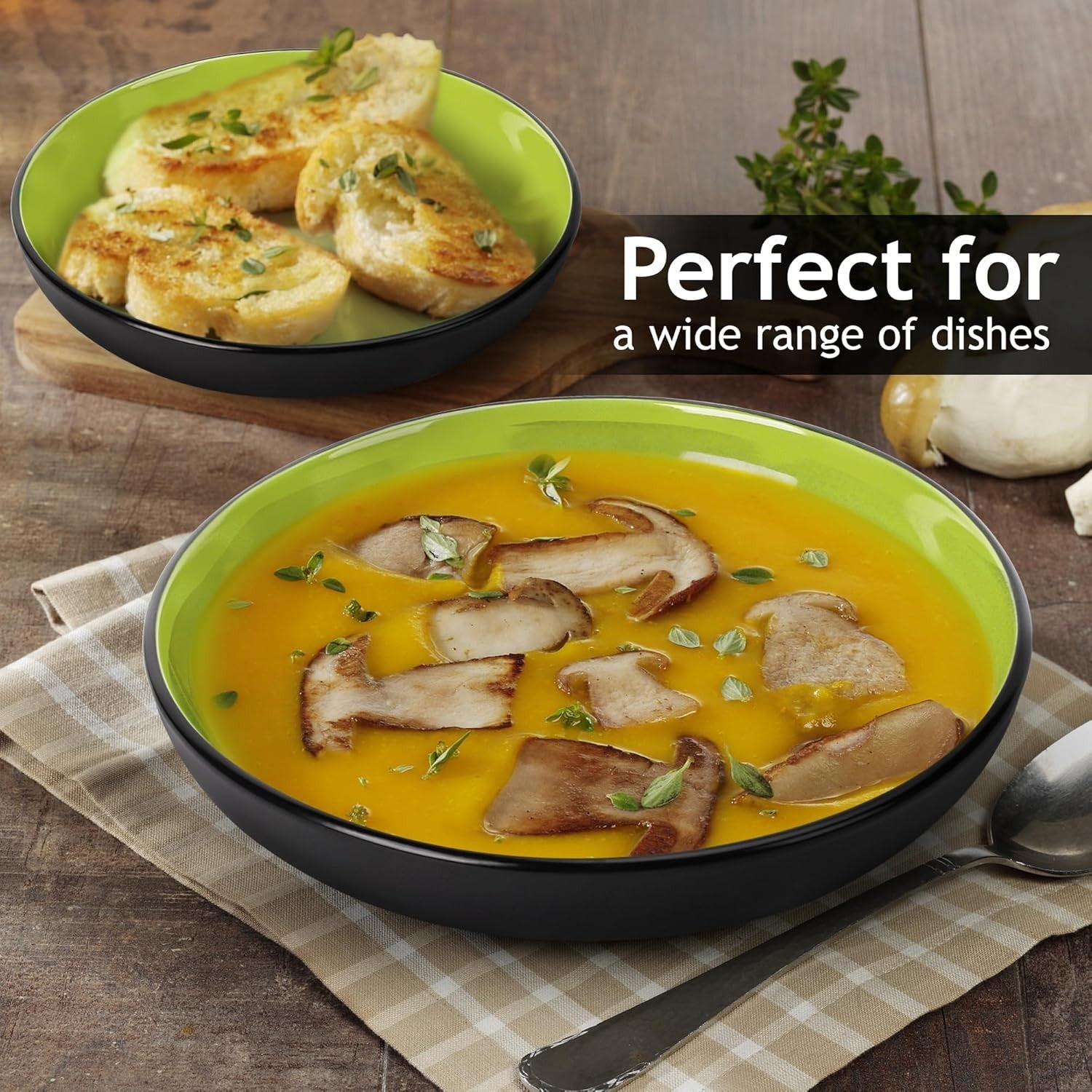 6x Pasta Bowls Ceramic 900ml Green Wide Shallow Bowls Soup Salad Stoneware