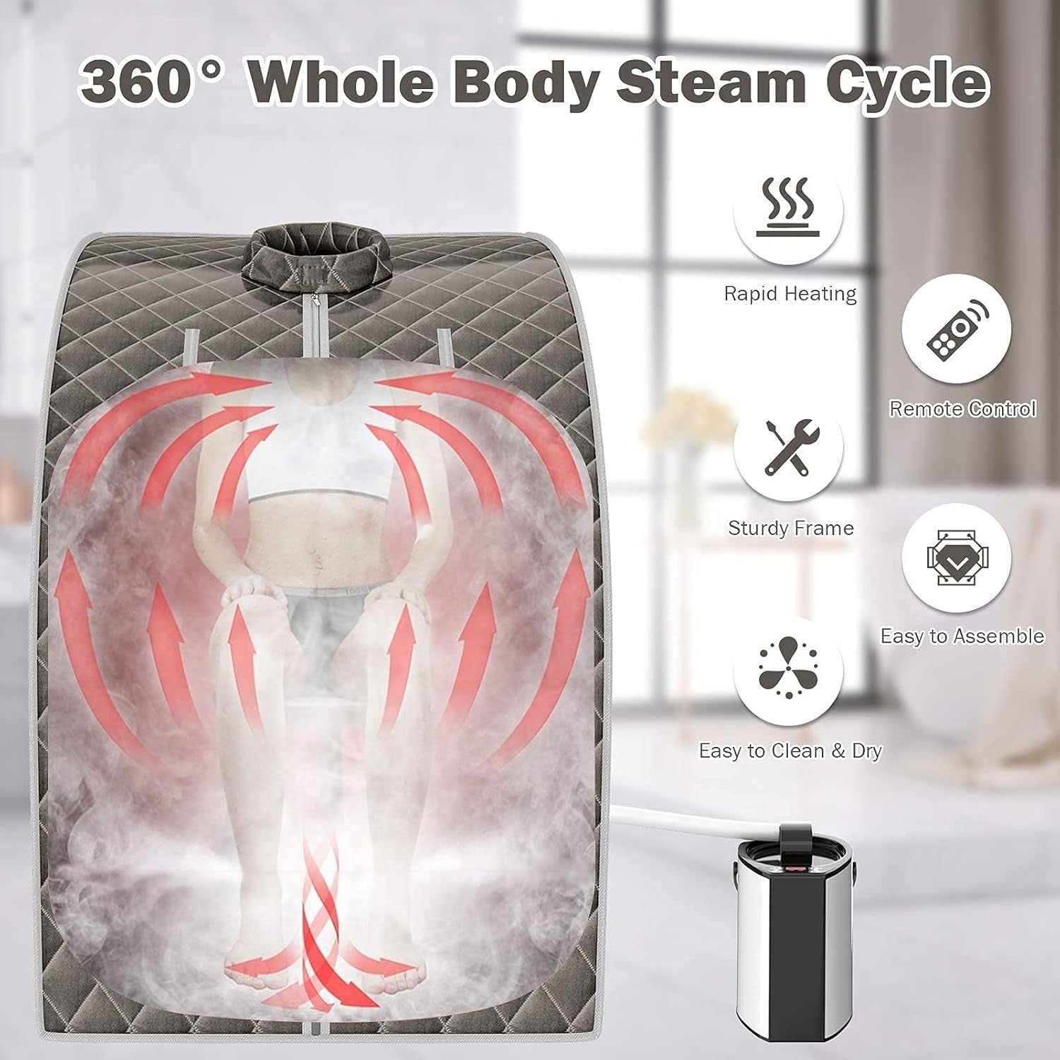 Portable Home Steam Sauna Tent – 3L 1000W, 9 Heat Levels + Chair (Grey)