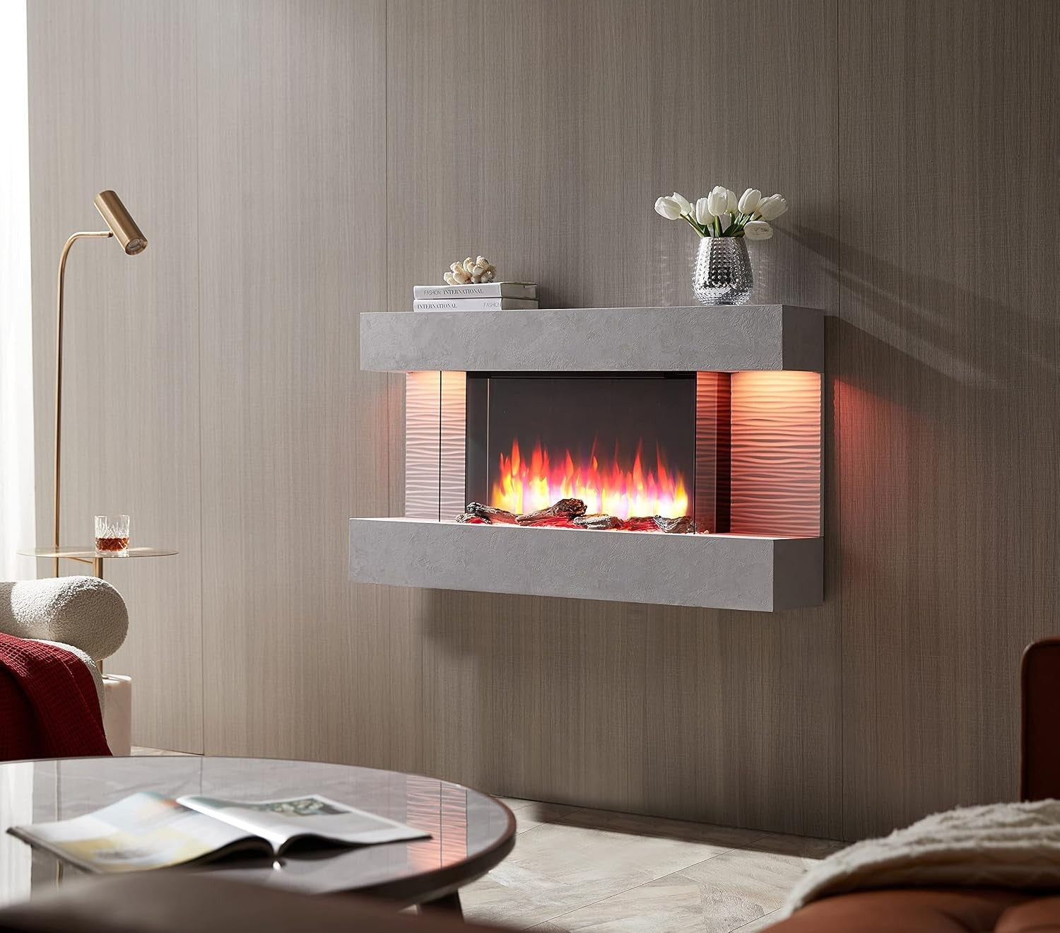 Wall Mounted Electric Fireplace 60" Cement Grey | 3 Flame Colors & 13 Moods