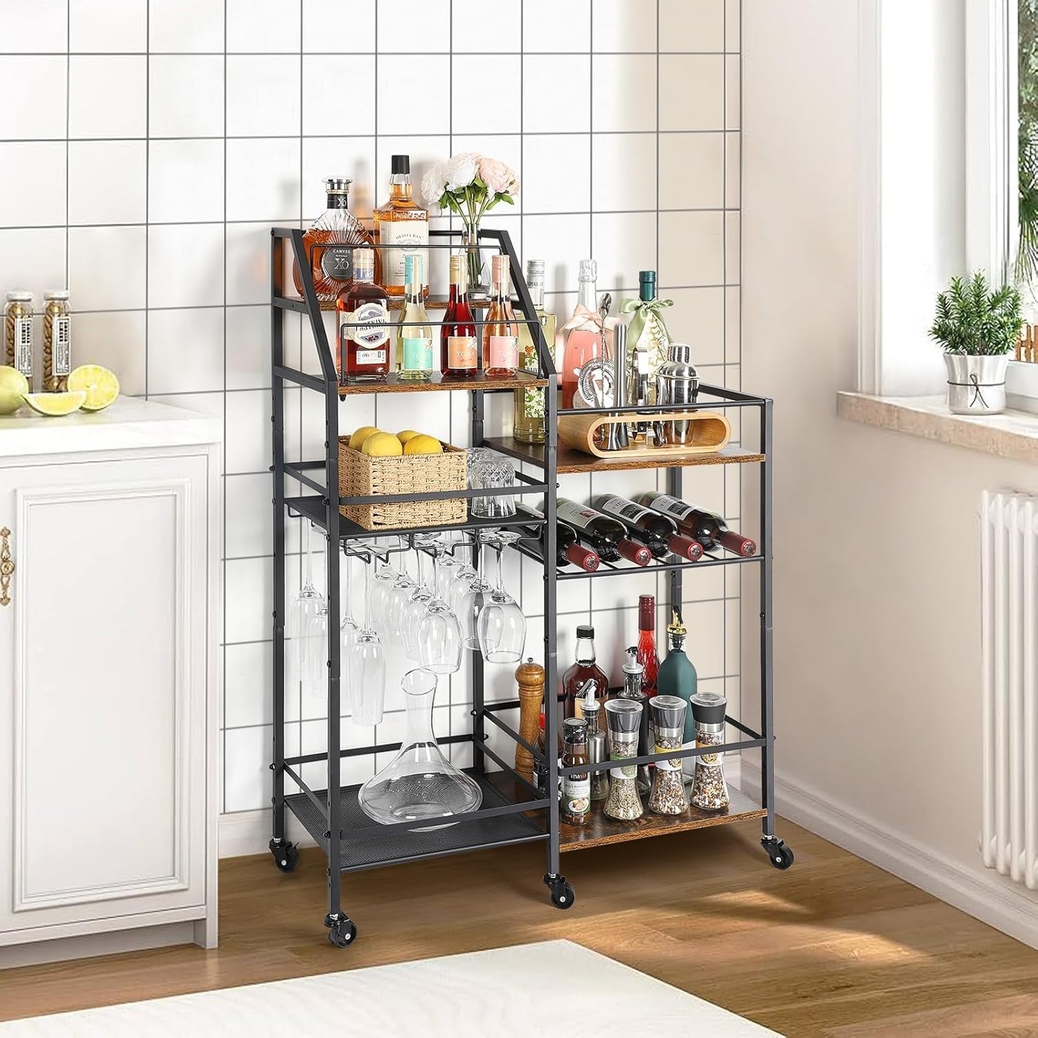 Rolling Bar Cart Drinks Trolley with Wine Rack & Glass Holder 3 Tier Storage