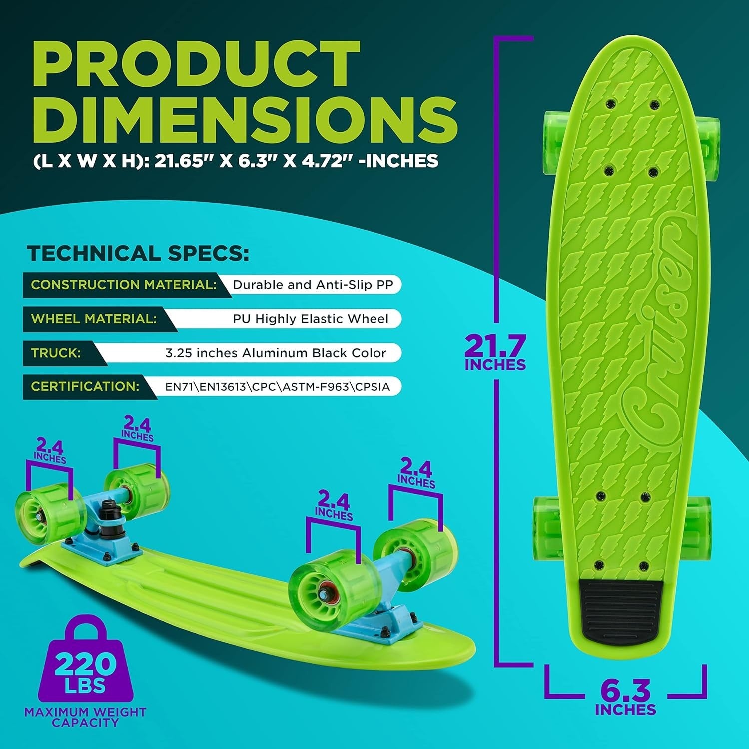 Mini Cruiser Skateboard LED Wheels Kids Teens Adult 56cm Complete Black Green