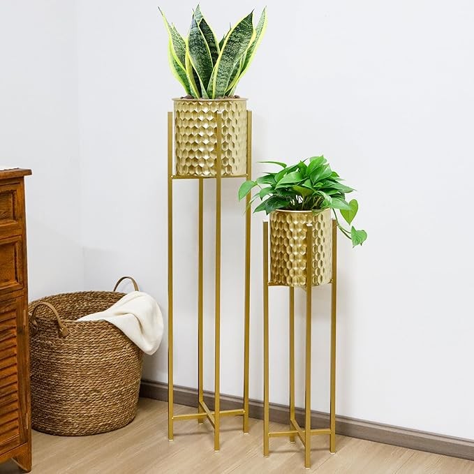 Set of 2 Tall Gold Metal Planters with Stand Indoor Outdoor Modern Plant Pots