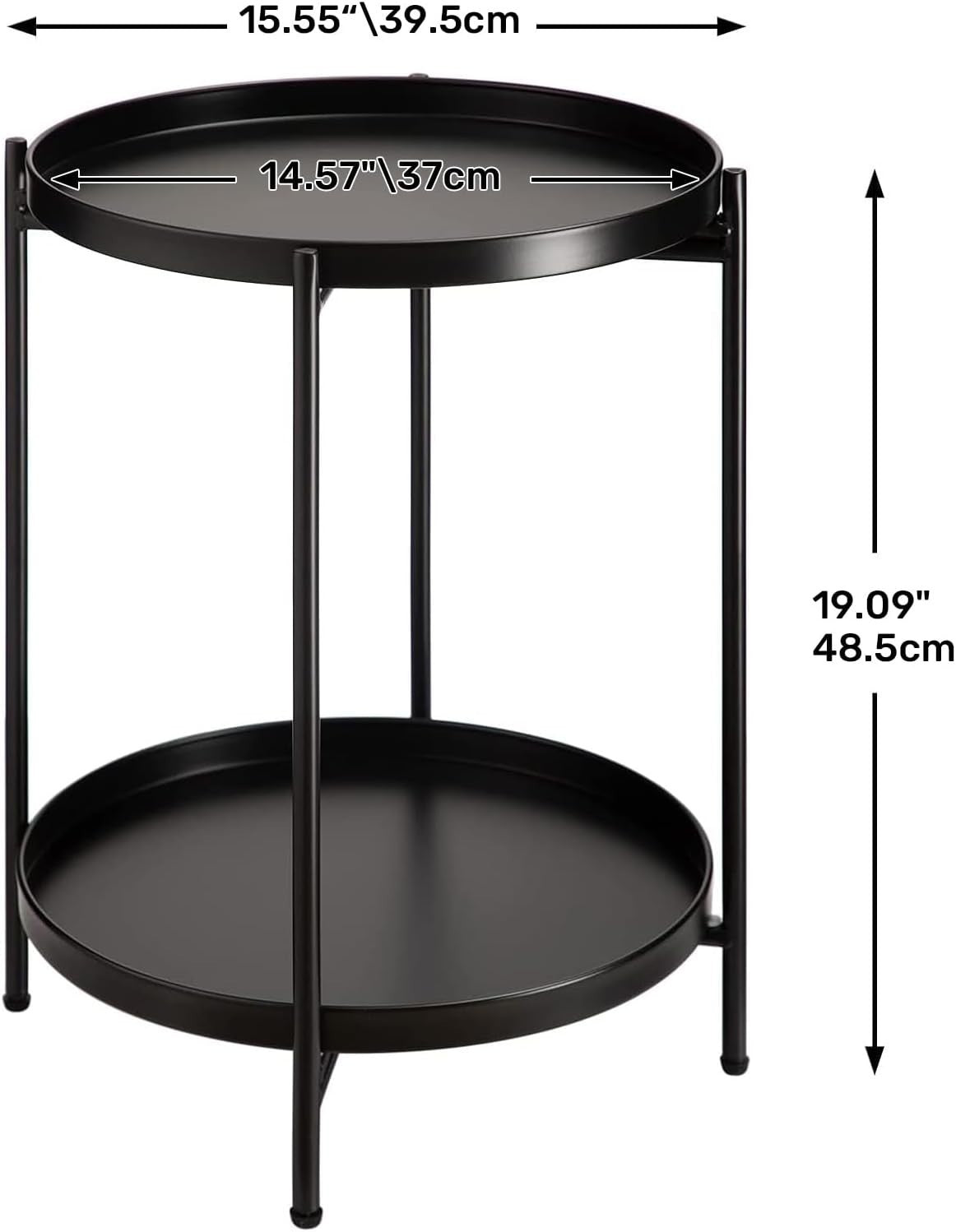 Black Metal Round Side Table – Removable Tray, Small 2 Tier Coffee Table