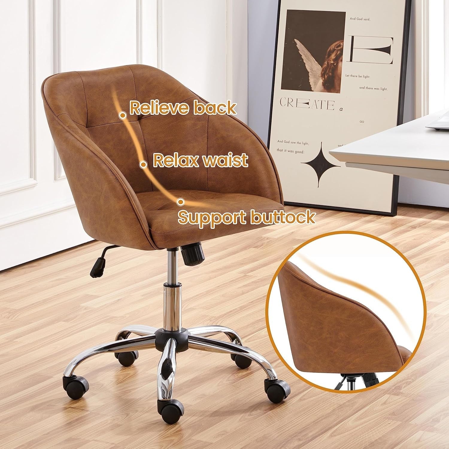 Ergonomic Faux Leather Office Desk Chair Adjustable Swivel Armchair Brown