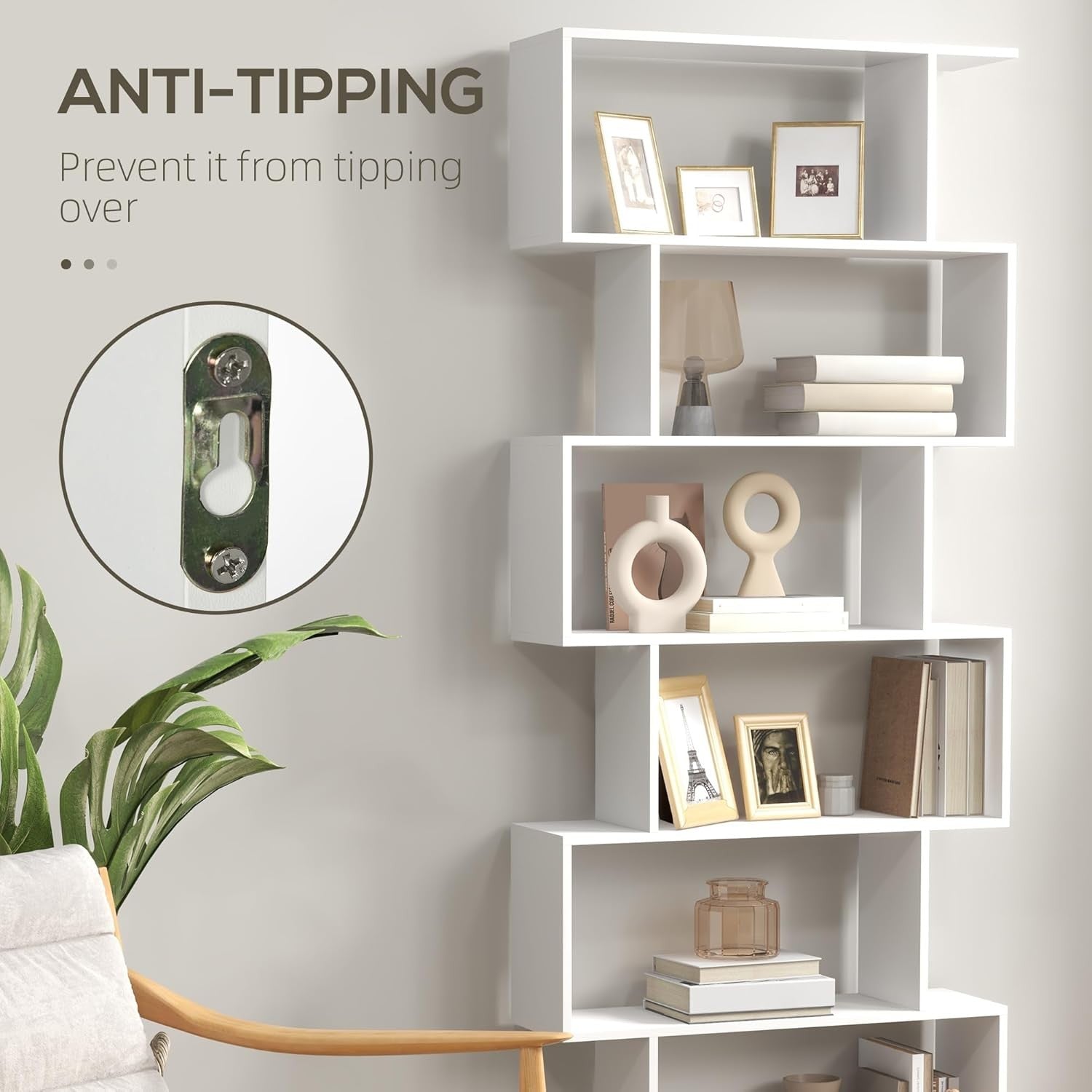 White S-Shape 6-Tier Bookcase Modern Display Shelf Room Divider Storage Unit