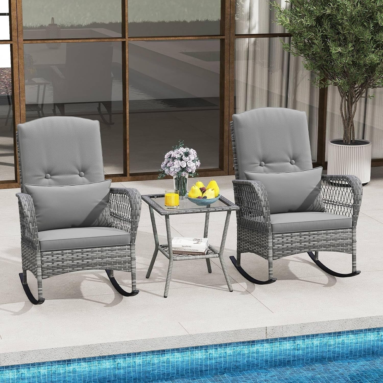 3 Piece Grey Rattan Bistro Set Rocking Chairs with Glass Table Outdoor