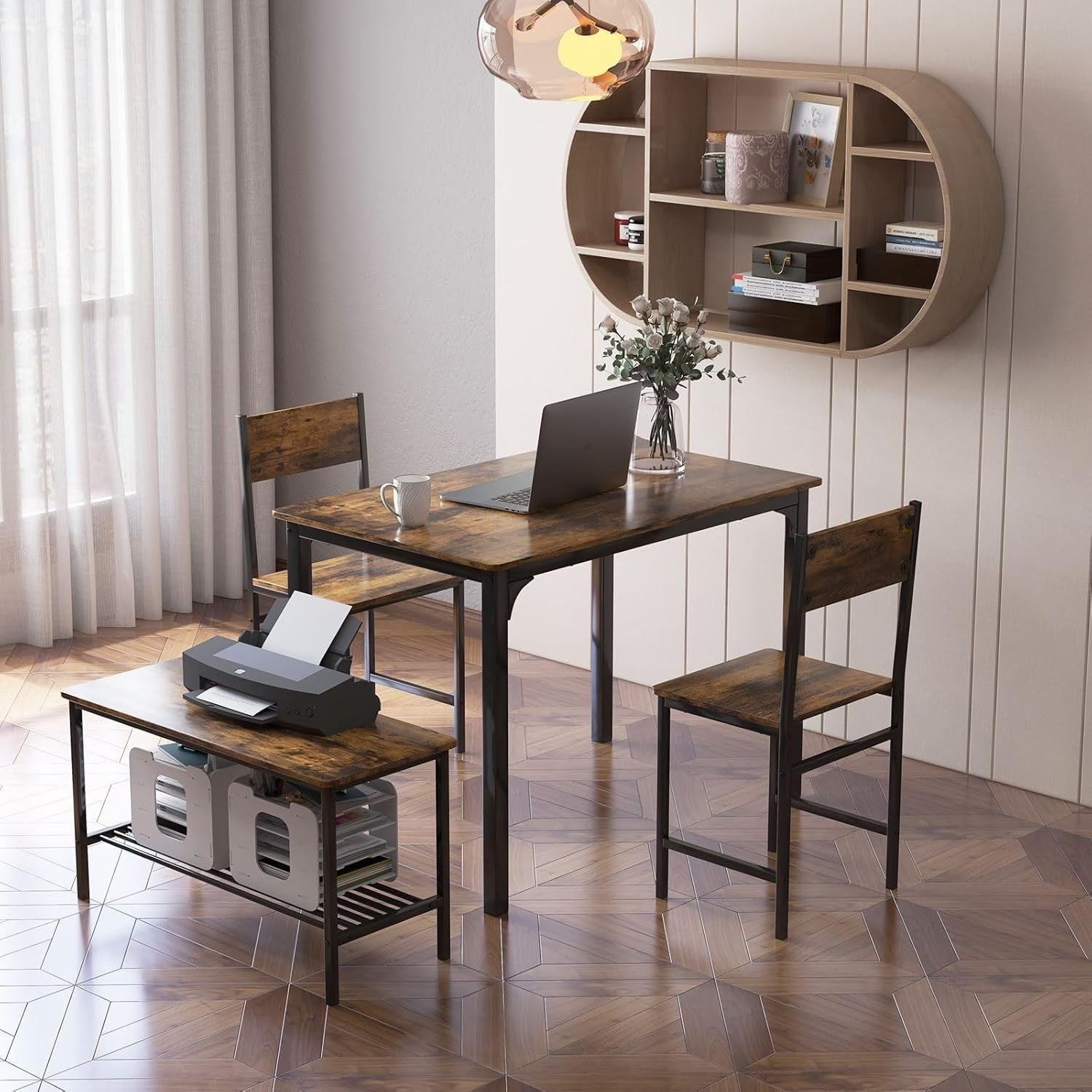 Rustic Brown Industrial Dining Set with Bench & Storage Shelf – Seats 4