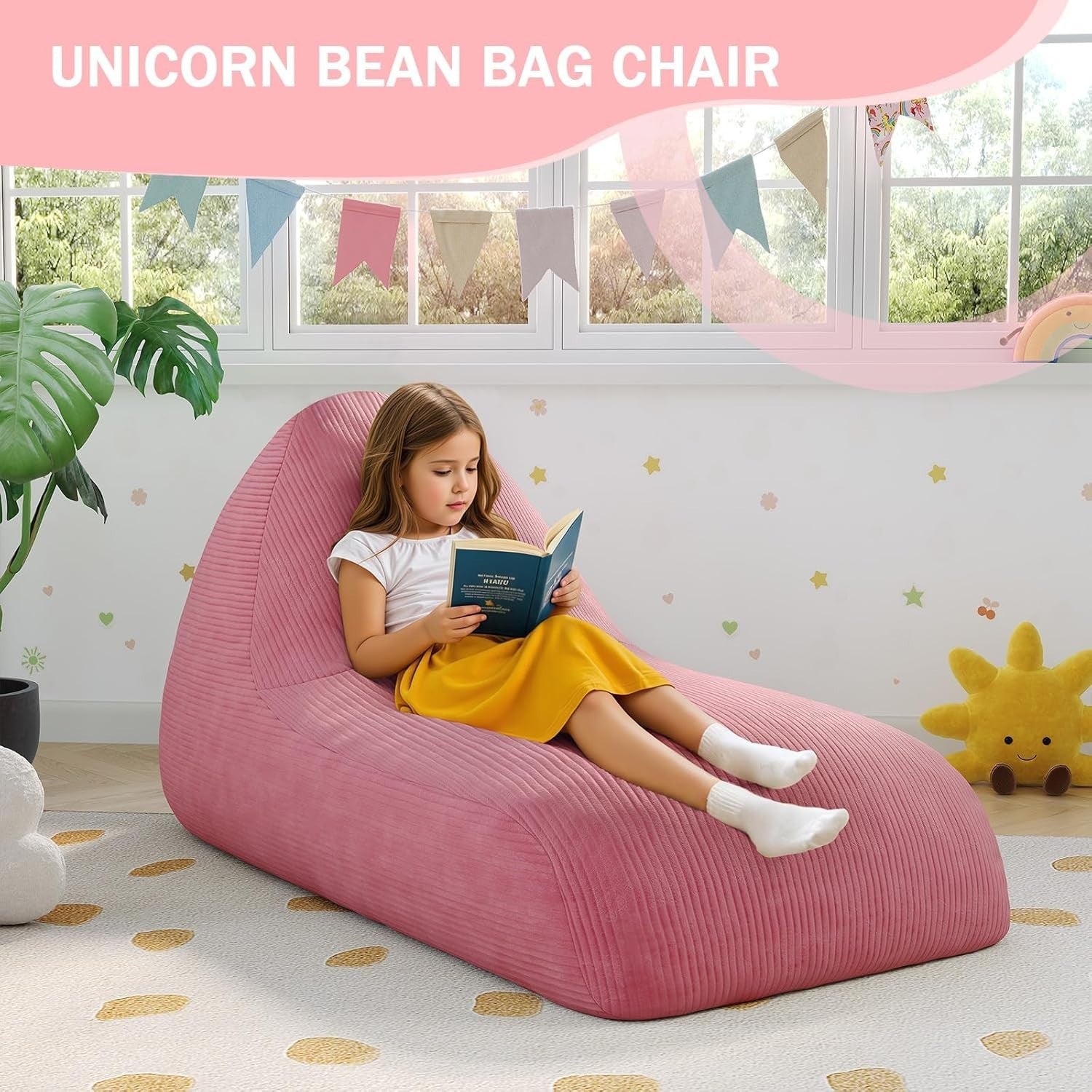 Large Pink Kids Bean Bag Chair with Removable Washable Cover